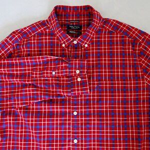 NAUTICA Men's XXL Button Down Classic Fit Plaid Shirt Red Blue White Stretch